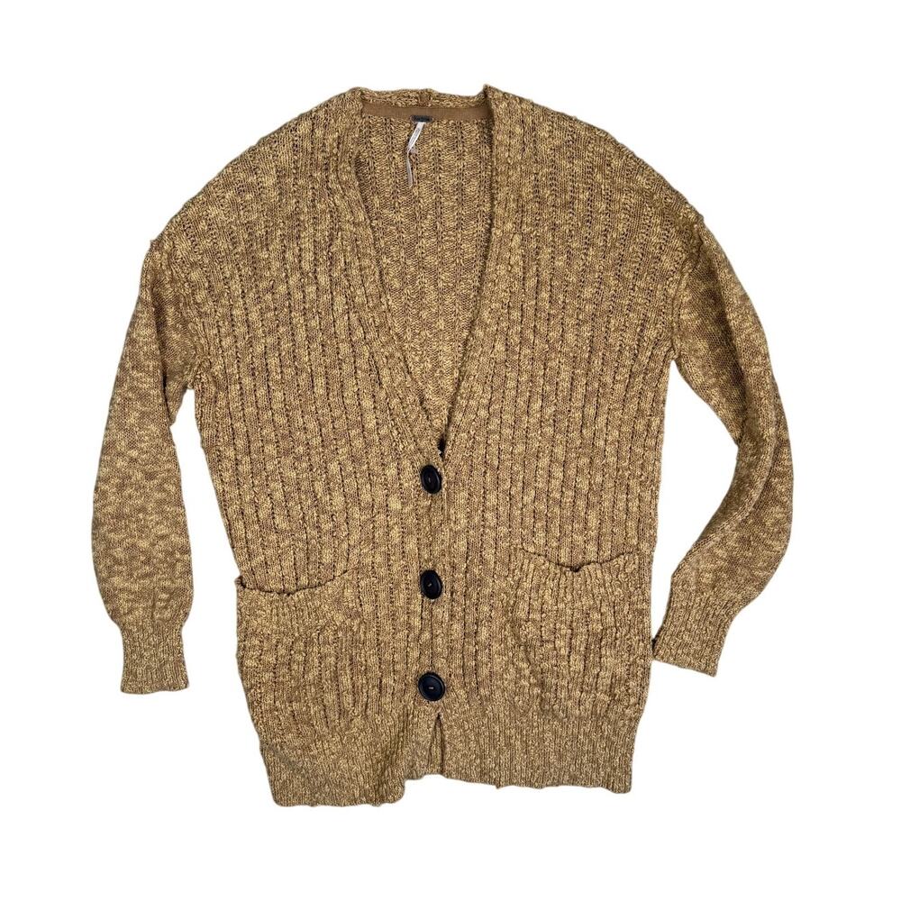 Free People Chunky Knitted Sunset Drive Oversized Cardigan Gold Yellow XS
